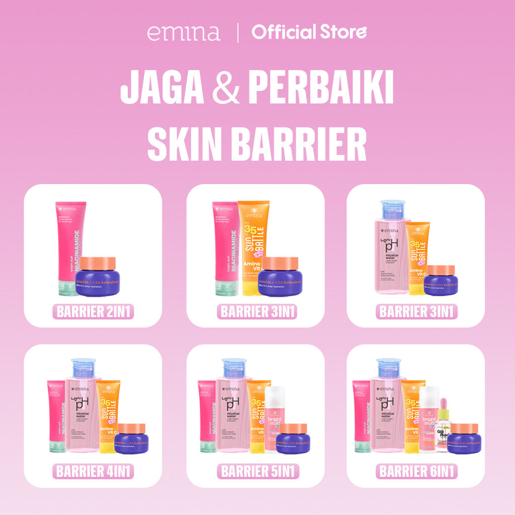 Emina Barrier Set Bundle All in 7 PCS PAKET SKINCARE HYALUBRIGHT MICELLAR WATER- BRIGHT STUFF FACE WASH- BRIGHT STUFF FACE TONER-GLORAD SERUM-BARRIER GEL-BRIGHT STUFF EXFOILATING TONER-SUN BATTLE BRIGHT GLOW