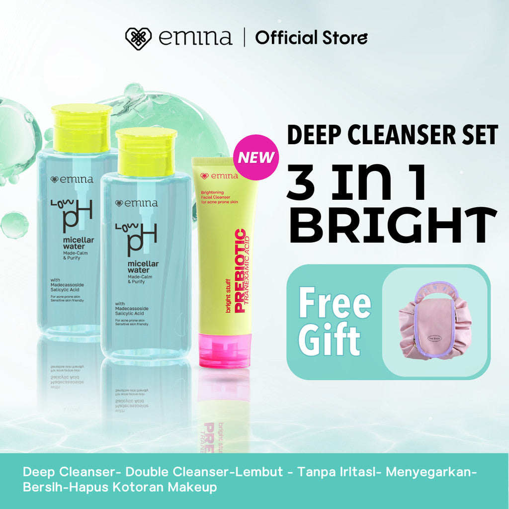 [Paket Deep Cleanser Free Gift ] Paket 8 in 1 2 in 1  Paket 3 in 1 Deep Cleanser Emina HyaluBright & Smooth Low PH Micellar Water 300ml- Face Wash Serum Toner Moisturizer Sunscreen -Lembut - Tanpa Iritasi- Menyegarkan- Bersih-Hapus Kotoran Makeup