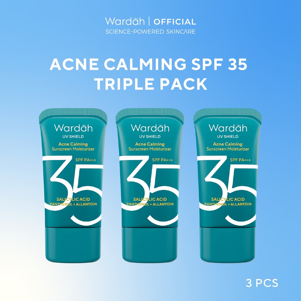 NEW PACKAGING! Wardah UV Shield Acne Calming Sunscreen Moisturizer SPF 35 PA+++ Single, Twinpack, Triple Pack Sunscreen Wajah - Meredakan Jerawat, Ringan, Mudah Meresap Calming and Repair Boosting  - Sunscreen Wajah Glowing BPOM - Skincare