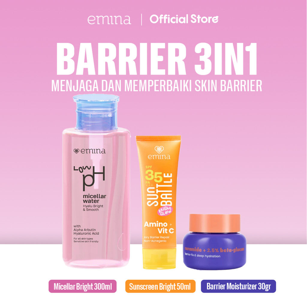 Emina Barrier Set Bundle All in 7 PCS PAKET SKINCARE HYALUBRIGHT MICELLAR WATER- BRIGHT STUFF FACE WASH- BRIGHT STUFF FACE TONER-GLORAD SERUM-BARRIER GEL-BRIGHT STUFF EXFOILATING TONER-SUN BATTLE BRIGHT GLOW