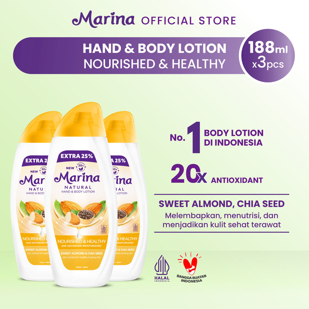 Marina Natural Hand and Body Lotion - Nourish & Healthy Extra Fill [188ml / 3 pcs] - Exp : 11.2027