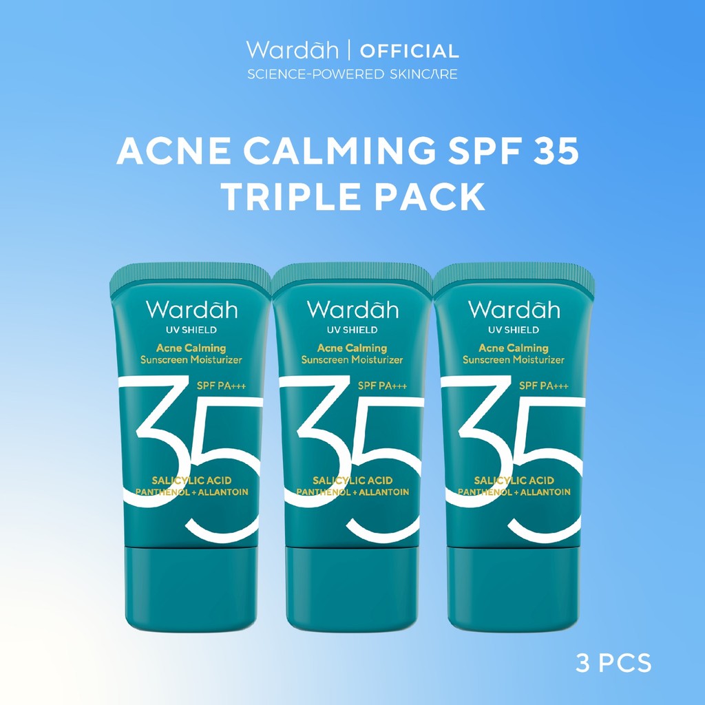 NEW FORMULA & PACKAGING! TRIPLE PACK Wardah UV Shield Acne Calming Sunscreen SPF 35 PA+++, Bright-C Hydrating Sunscreen SPF 35 PA+++, Airy Smooth Sunscreen SPF 50 PA++++ 25ml - 0% Alkohol, Ringan, Transparant - Skincare