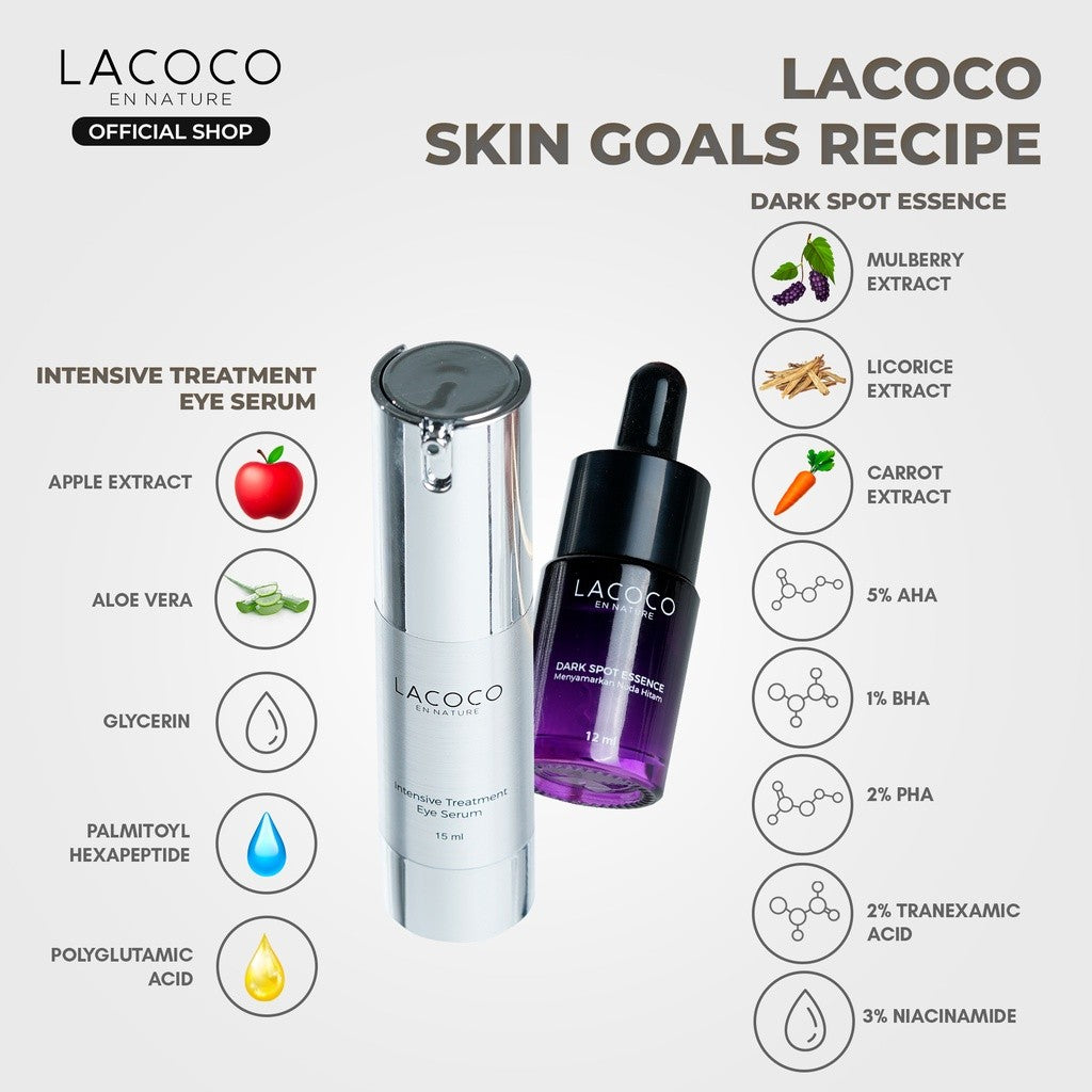 Lacoco Skin Goals Recipe (Dark Spot Essence + Intensive Treatment Eye Serum) - Set untuk Eksfoliasi wajah dan Mengurangi Kantung Mata