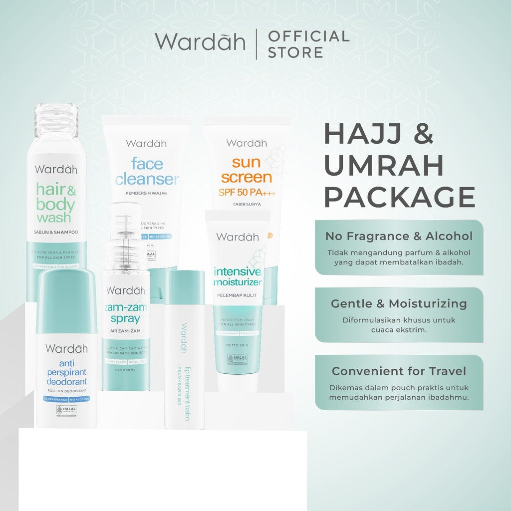 WARDAH Umrah & Hajj Package - Paket Haji dan Umroh - Hair and Body Wash, Face Cleanser, Sunscreen SPF 50 PA+++ , Anti Perspirant Deodorant, Moisturizer, Lip Treatment Balm, ZamZam Water Spray - Skincare