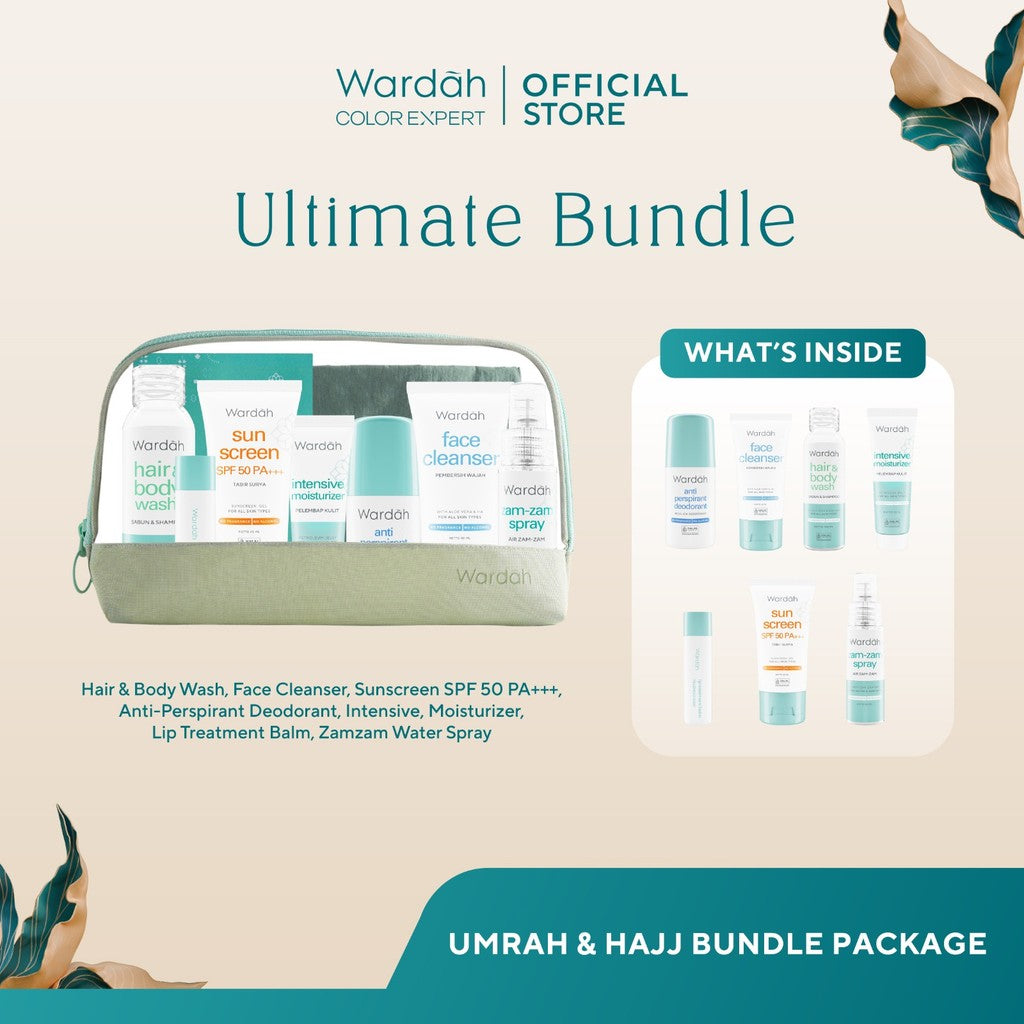 WARDAH Umrah & Hajj Package - Paket Haji dan Umroh - Hair and Body Wash, Face Cleanser, Sunscreen SPF 50 PA+++ , Anti Perspirant Deodorant, Moisturizer, Lip Treatment Balm, ZamZam Water Spray - Skincare
