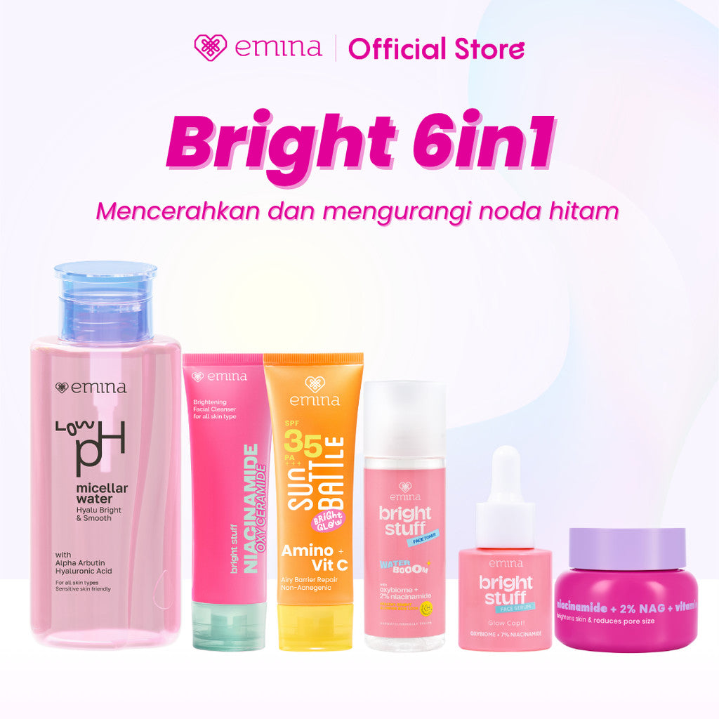 Emina Bright & Glow Set Bundle All in 7in1 PAKET SKINCARE HYALUBRIGHT MICELLAR WATER- BRIGHT STUFF FACE WASH- BRIGHT STUFF ACE TONER-BRIGHT STUFF SERUM-BRIGHT GEL-BRIGHT STUFF EXFOILATING TONER-SUN BATTLE  BRIGHT GLOW