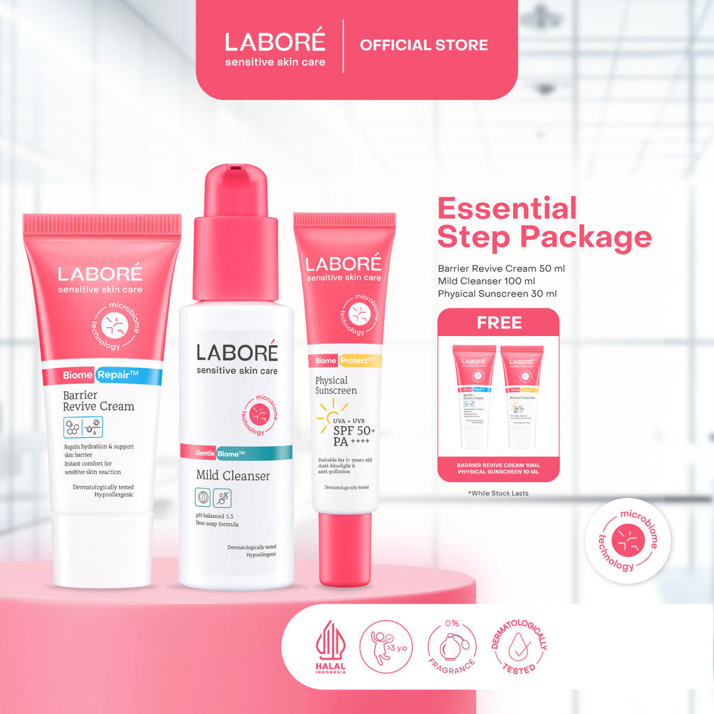 Labore Essential Step Package - Paket Mild Cleanser 100ml, Barrier Revive Cream 50ml, Physical Sunscreen 30ml untuk Perawatan Wajah Kulit Sensitif - Reguler