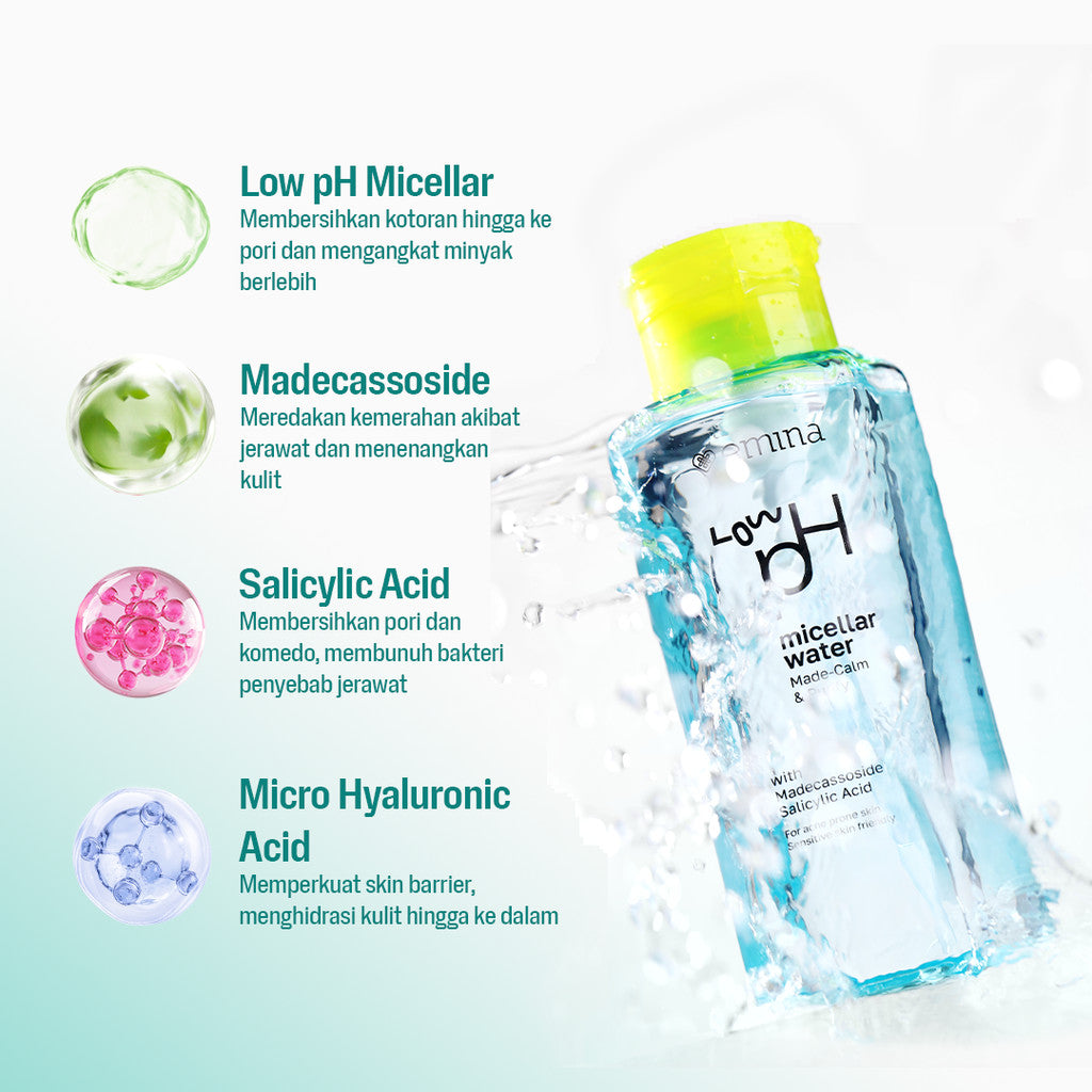 Emina Low pH Micellar Water  untuk Kulit Berminyak dan Berjerawat Sensitif 125ml & 300ml | Salicylic Acid Pembersih Wajah Gentle Makeup Remover Double Cleansing for Acne-Oily Prone Skin Oil Control Moisturizer Sunscreen Mencerahkan