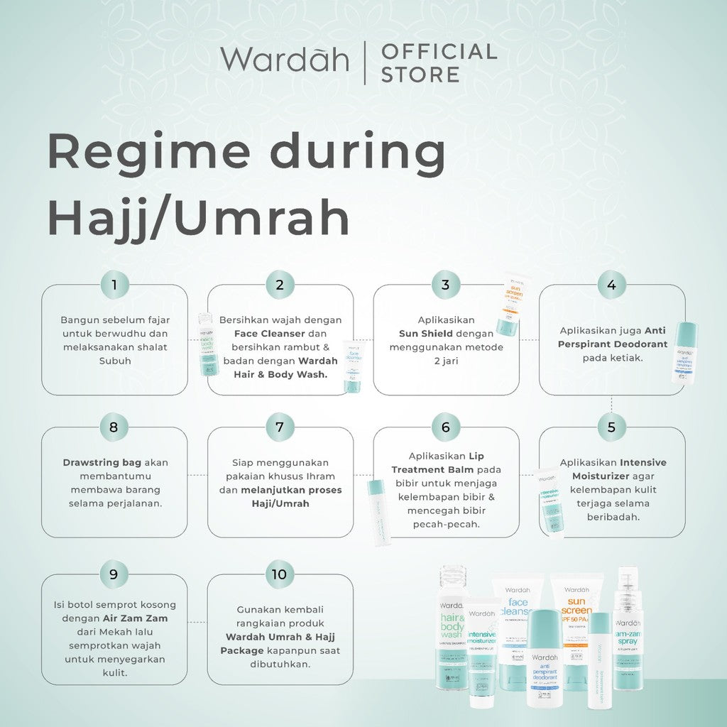 WARDAH Umrah & Hajj Package - Paket Haji dan Umroh - Hair and Body Wash, Face Cleanser, Sunscreen SPF 50 PA+++ , Anti Perspirant Deodorant, Moisturizer, Lip Treatment Balm, ZamZam Water Spray - Skincare