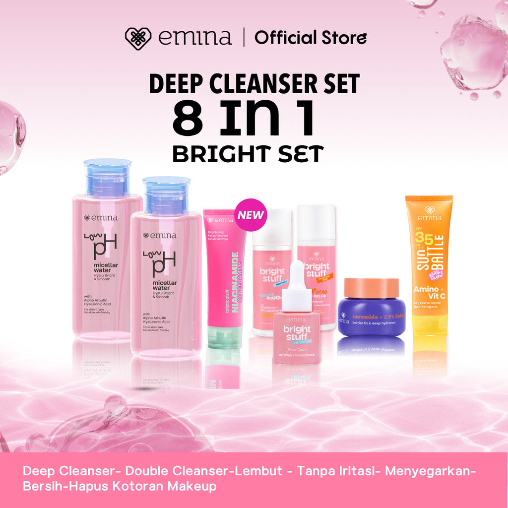 [Paket Deep Cleanser Free Gift ] Paket 8 in 1 2 in 1  Paket 3 in 1 Deep Cleanser Emina HyaluBright & Smooth Low PH Micellar Water 300ml- Face Wash Serum Toner Moisturizer Sunscreen -Lembut - Tanpa Iritasi- Menyegarkan- Bersih-Hapus Kotoran Makeup