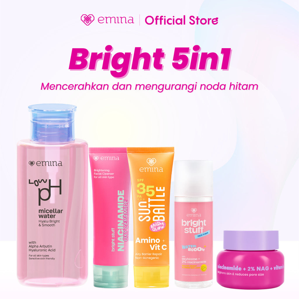 Emina Bright & Glow Set Bundle All in 7in1 PAKET SKINCARE HYALUBRIGHT MICELLAR WATER- BRIGHT STUFF FACE WASH- BRIGHT STUFF ACE TONER-BRIGHT STUFF SERUM-BRIGHT GEL-BRIGHT STUFF EXFOILATING TONER-SUN BATTLE  BRIGHT GLOW