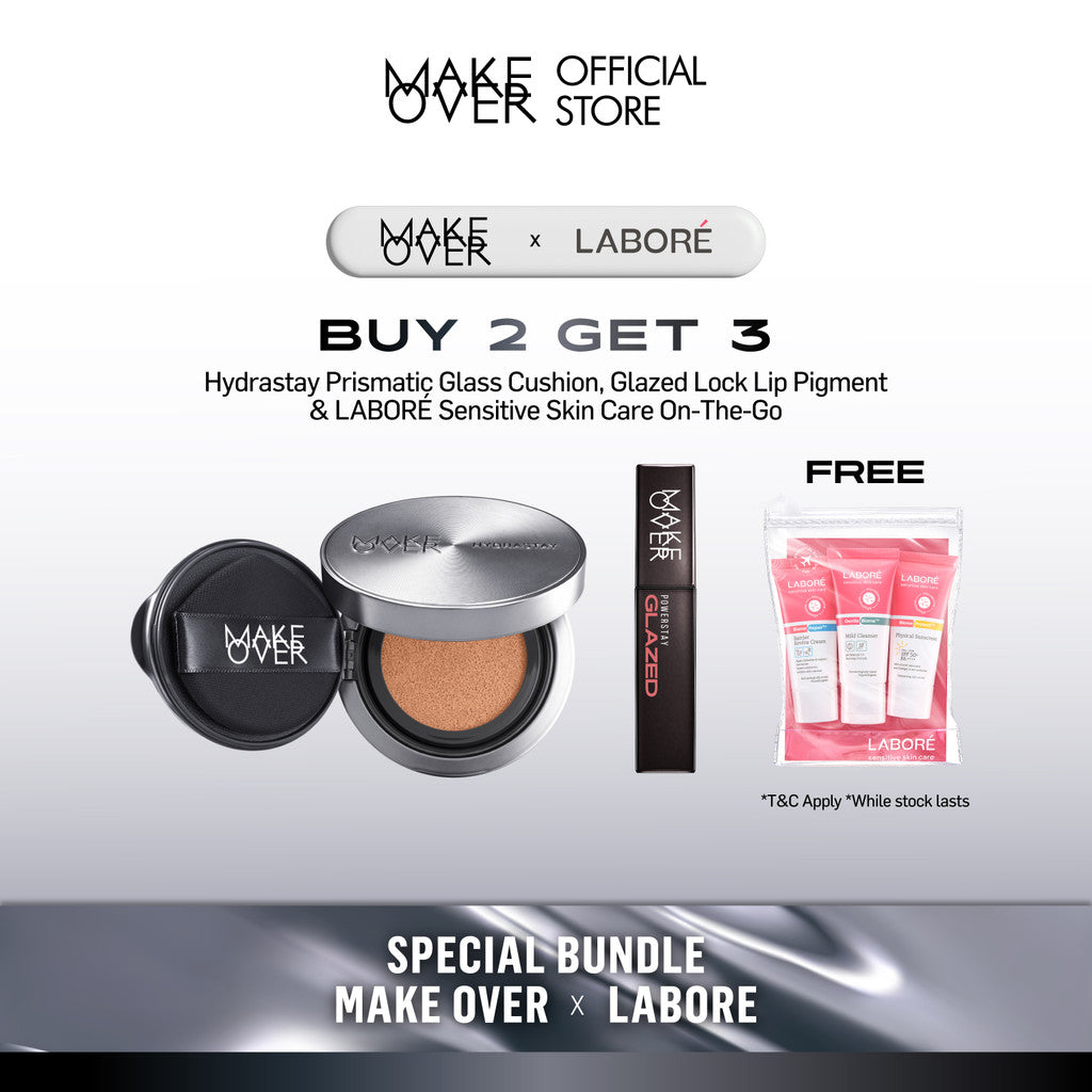 [6.6 EXCLUSIVE BUNDLE MAKE OVER X LABORE - BUY 2 GET 5] MAKE OVER Hydrastay Prismatic Glass Cushion or MAKE OVER Sync Matte Cushion + Glazed Lock Lip Pigment Get FREE LABORÉ Sensitive Skin Care On-The-Go Minis (Revamp)