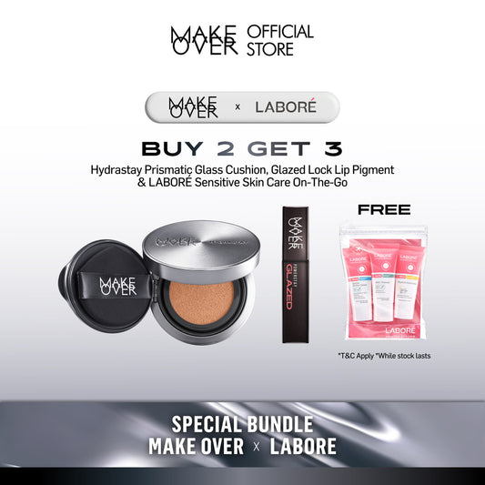 [6.6 EXCLUSIVE BUNDLE MAKE OVER X LABORE - BUY 2 GET 5] MAKE OVER Hydrastay Prismatic Glass Cushion or MAKE OVER Sync Matte Cushion + Glazed Lock Lip Pigment Get FREE LABORÉ Sensitive Skin Care On-The-Go Minis (Revamp)