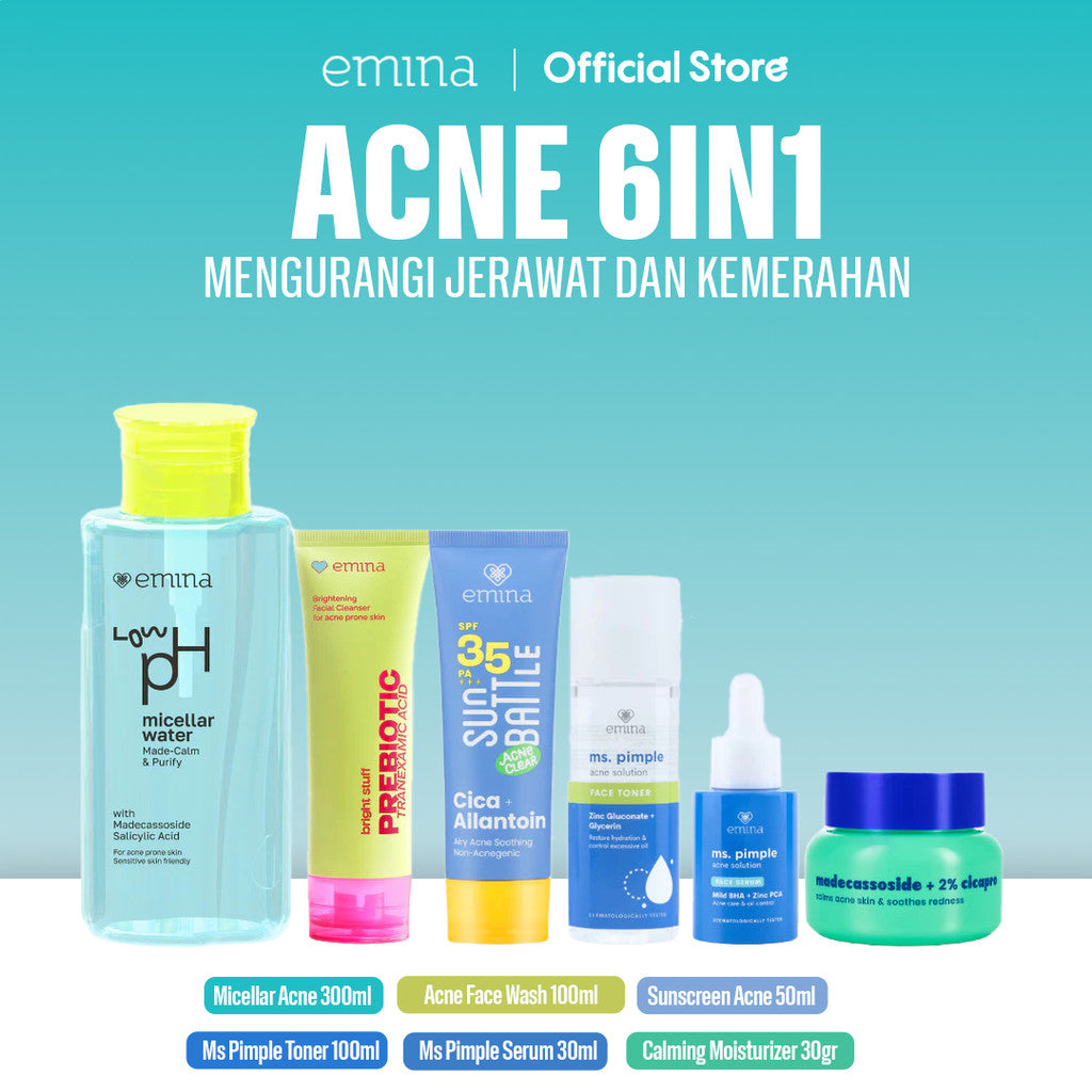 [ACNE CARE SET] Emina Bundle All in 6in1  Face Wash Acne Care + Toner + Serum + Calming Soothing Moisturizer Gel + Sunscreen Acne Fighter + Low pH Micellar Water Oil & Acne