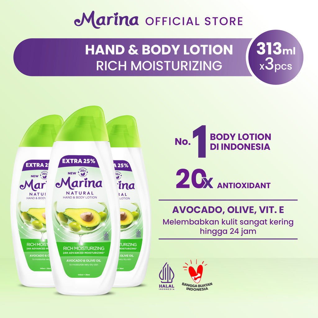 Marina Natural Hand and Body Lotion - Rich Moisturizing  Extra Fill [313ml / 3 pcs] - Exp : 12.2027