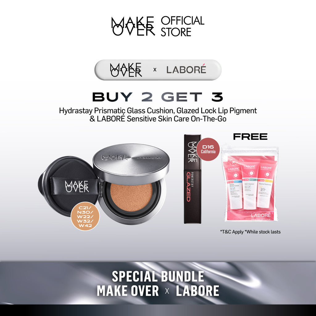 [6.6 EXCLUSIVE BUNDLE MAKE OVER X LABORE - BUY 2 GET 5] MAKE OVER Hydrastay Prismatic Glass Cushion or MAKE OVER Sync Matte Cushion + Glazed Lock Lip Pigment Get FREE LABORÉ Sensitive Skin Care On-The-Go Minis (Revamp)