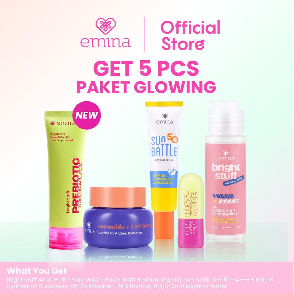 [Paket Glowing] Emina Get 7 - Glowing Set - Skin Barrier- Moisturizer, Face Wash, Sunscreen, Micellar Water, Tone Up Gel, Lip Balm Mencerahkan | Melembapkan, Menjaga Skin Barrier, Mencerahkan, Glowing, Melindungi dari sinar UV