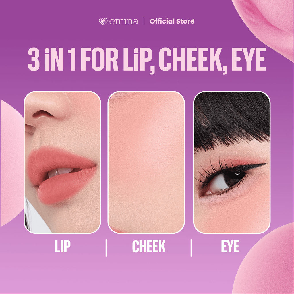 NEW! Emina Bouncy Tint 3 in 1 Lip, Cheek, & Eye - Blurry Lip Color, Lasting Stain, dilengkapi dengan SPF 15 PA+++, Marshmallow Mochi Pudding Longlasting Blush On Lip Tint Eye Shadow