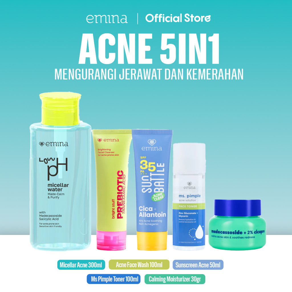[ACNE CARE SET] Emina Bundle All in 6in1  Face Wash Acne Care + Toner + Serum + Calming Soothing Moisturizer Gel + Sunscreen Acne Fighter + Low pH Micellar Water Oil & Acne