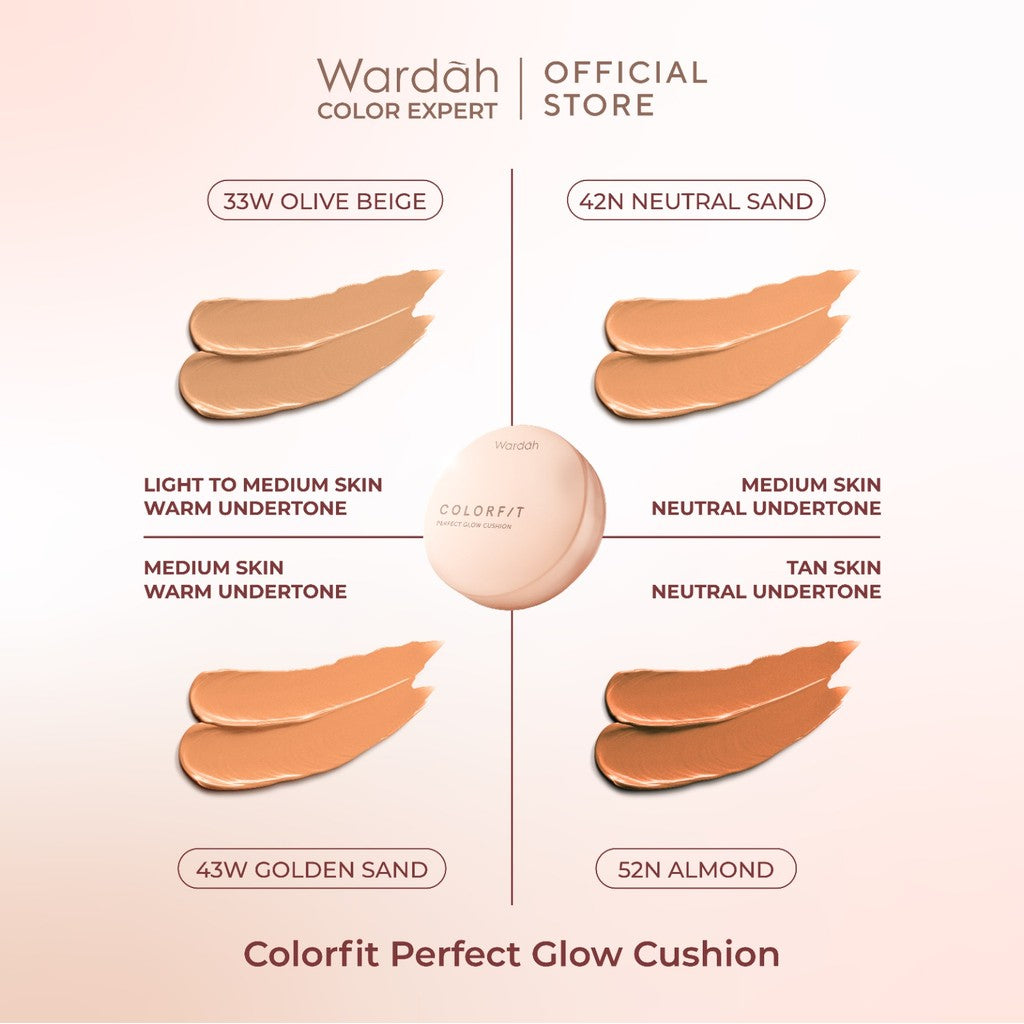 WARDAH Colorfit Perfect Glow Cushion -Tahan Lama Hingga 12 Jam Dilengkapi SPF 33 PA dan Centella Asiatica Hasil Akhir Glowing dan Menyatu Dengan Warna Kulit Makeup - Tahan Lama dengan Bedak