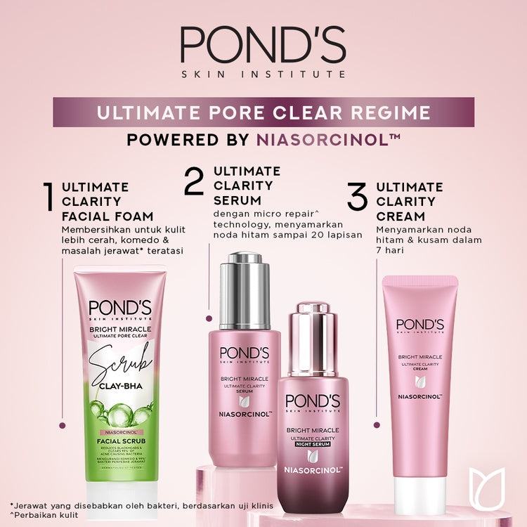 Pond's Bright Miracle Ultimate Pore Clear Facial Scrub 100G - Sabun cuci muka yang membersihkan 99% bakteri penyebab jerawat x2