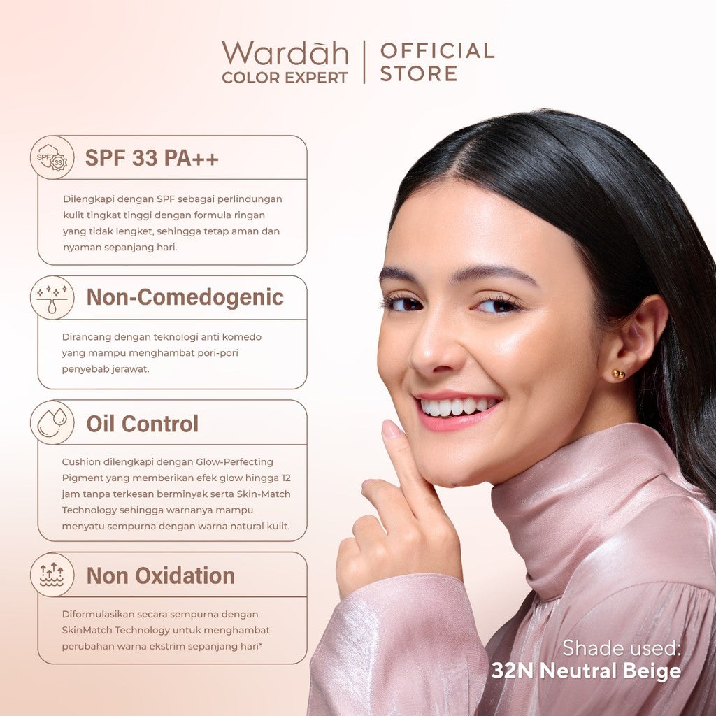 WARDAH Colorfit Perfect Glow Cushion -Tahan Lama Hingga 12 Jam Dilengkapi SPF 33 PA dan Centella Asiatica Hasil Akhir Glowing dan Menyatu Dengan Warna Kulit Makeup - Tahan Lama dengan Bedak