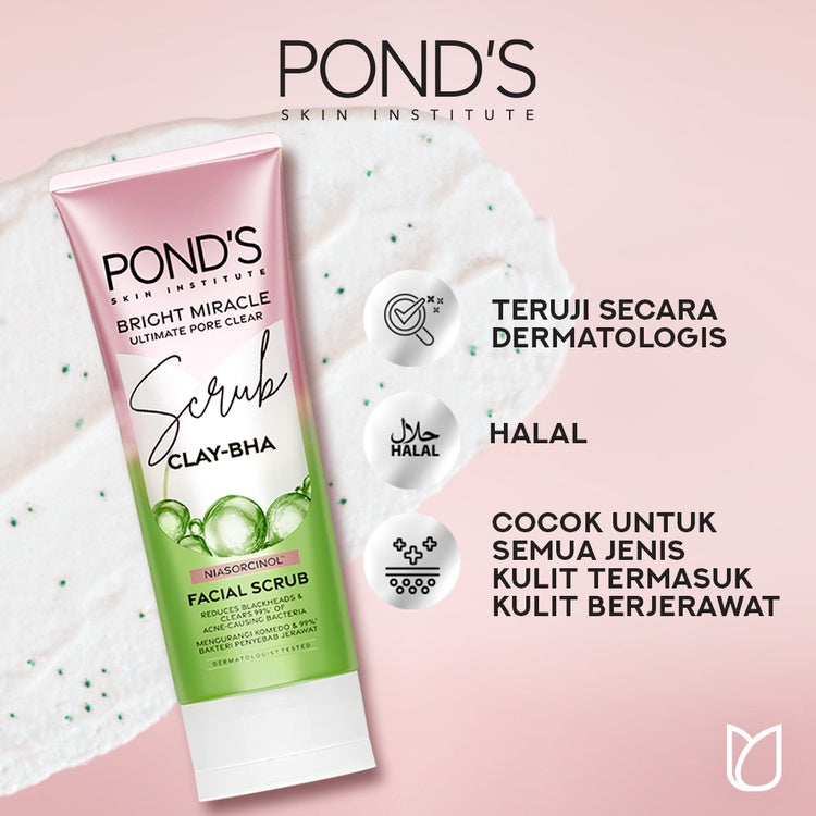 Pond's Bright Miracle Ultimate Pore Clear Facial Scrub 100G - Sabun cuci muka yang membersihkan 99% bakteri penyebab jerawat x2