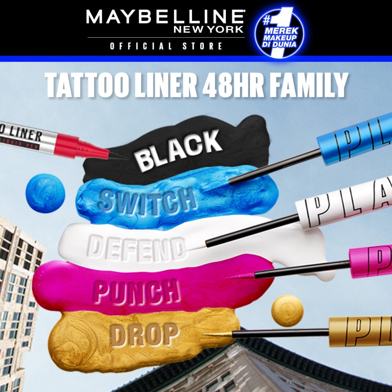 MAYBELLINE OFFICIAL Tattoo Liner Play 48H Liquid Color Eyeliner 4 Warna Waterproof Makeup Tahan Lama Eyeliner Putih High Impact Gampang Pigmented Black
