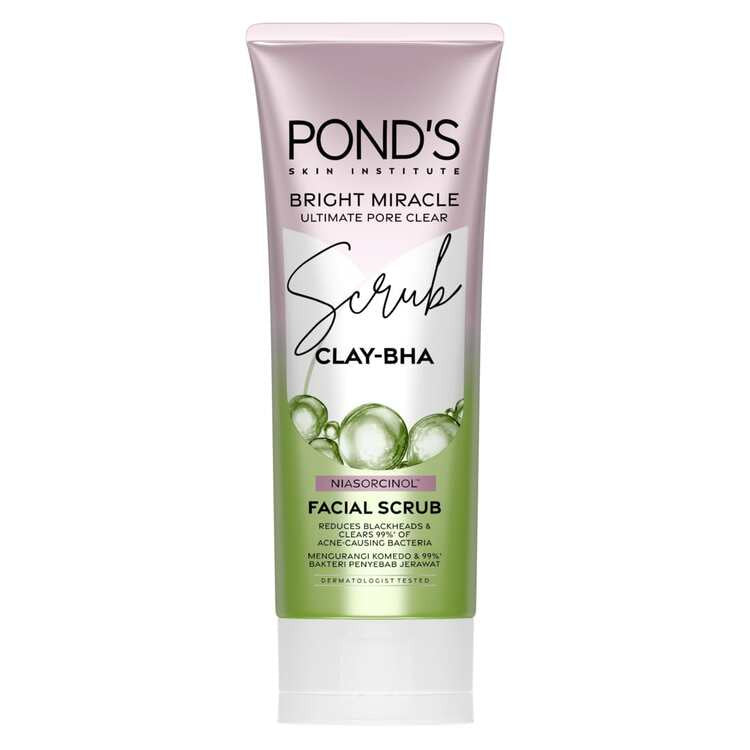 Pond's Bright Miracle Ultimate Pore Clear Facial Scrub 100G - Sabun cuci muka yang membersihkan 99% bakteri penyebab jerawat x2