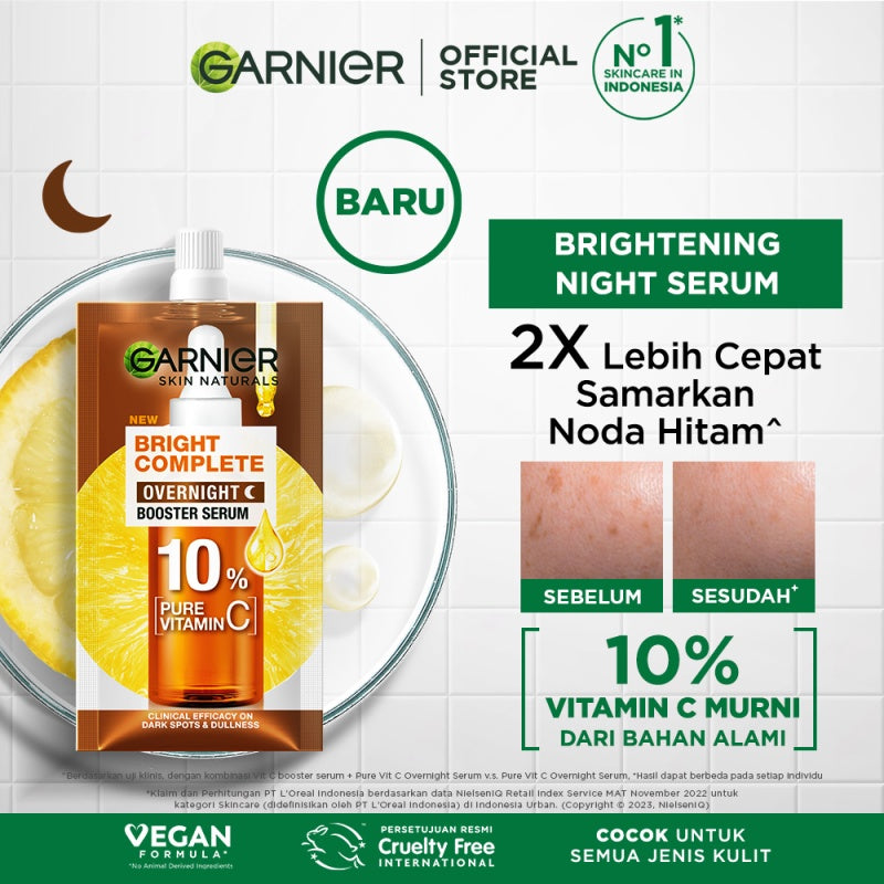 GARNIER Serum Bright Complete Overnight PURE VITAMIN C Serum 15ml 30ml - Skincare Mencerahkan Wajah Vitamin C Cocok untuk semua jenis kulit Serum Malam