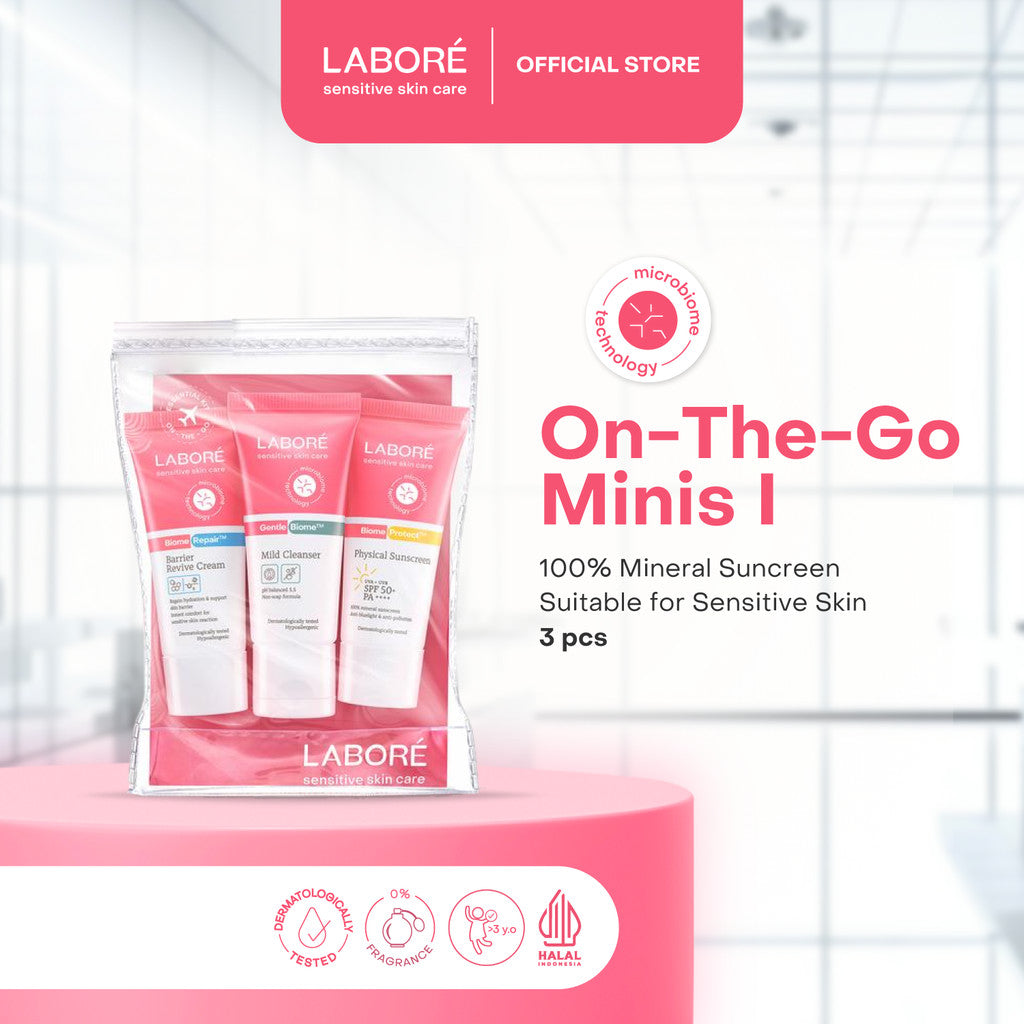 Labore Sensitive Skin Care On-The-Go Minis - Travel Size Sensitive Skin Care Kit - Paket Mild Cleanser 15ml, Barrier Revive Cream 10ml, Physical Sunscreen 10ml untuk Perawatan Wajah Kulit Sensitif