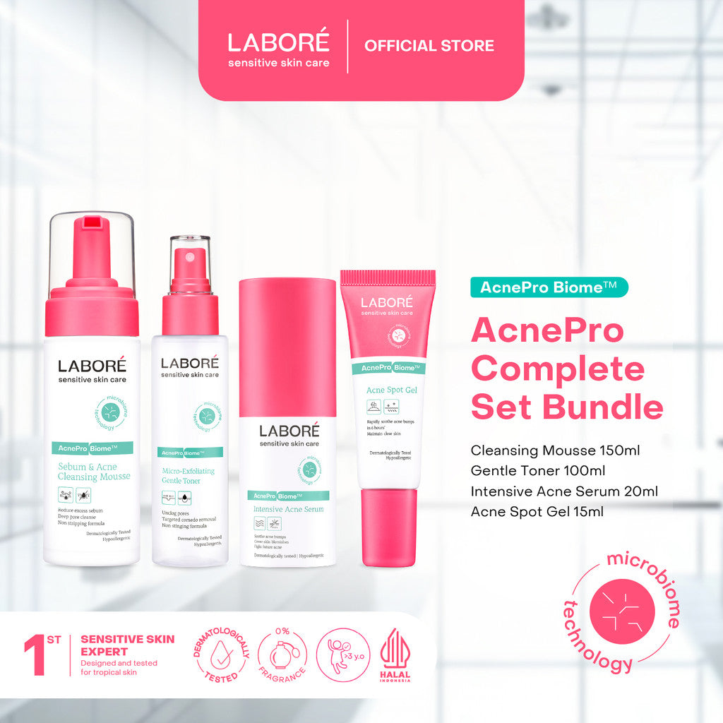 [Best Sunscreen by US Dermatologist] Labore AcnePro Complete Set Bundle (Cleansing Mousse 150ml Gentle Toner 100ml Intensive Acne Serum 20ml Acne Spot Gel 15ml)-Paket Perawatan untuk Kulit Berjerawat