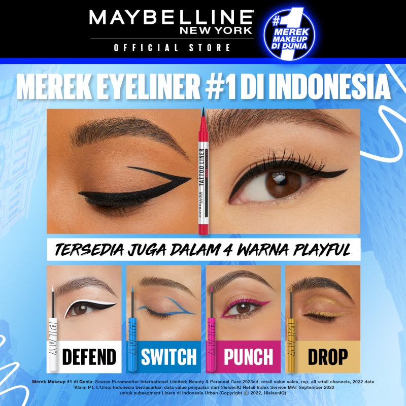 MAYBELLINE OFFICIAL Tattoo Liner Play 48H Liquid Color Eyeliner 4 Warna Waterproof Makeup Tahan Lama Eyeliner Putih High Impact Gampang Pigmented Black