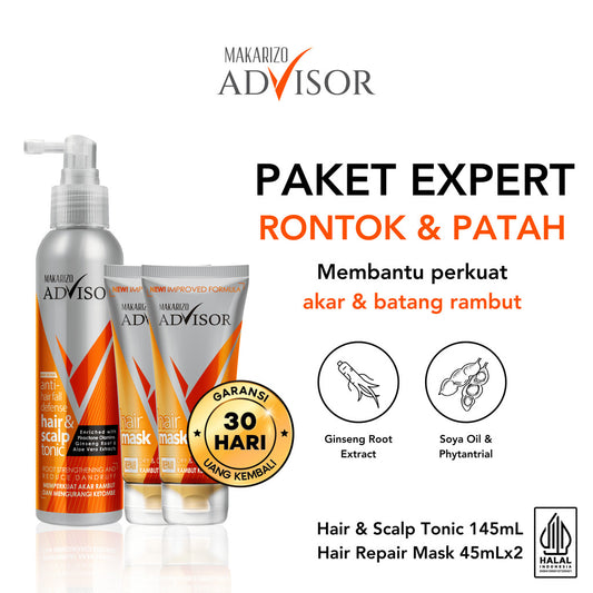 PAKET EXPERT RAMBUT RONTOK & PATAH - Makarizo Advisor Hair & Scalp Tonic + Hair Repair Mask