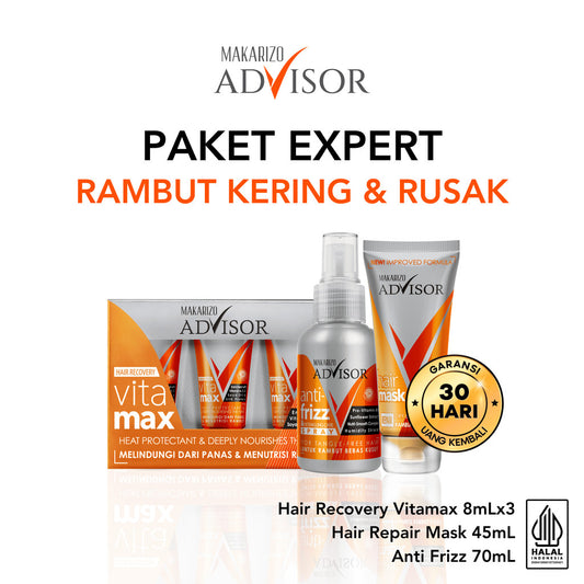 PAKET EXPERT RAMBUT KERING & RUSAK - Makarizo Advisor Vitamax + Repair Mask + Anti Frizz
