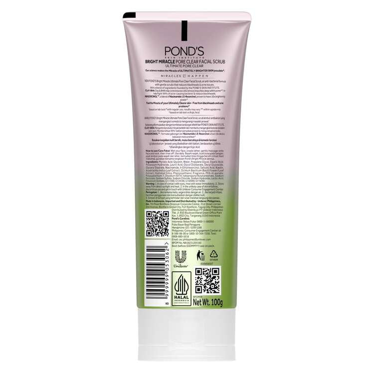 Pond's Bright Miracle Ultimate Pore Clear Facial Scrub 100G - Sabun cuci muka yang membersihkan 99% bakteri penyebab jerawat x2