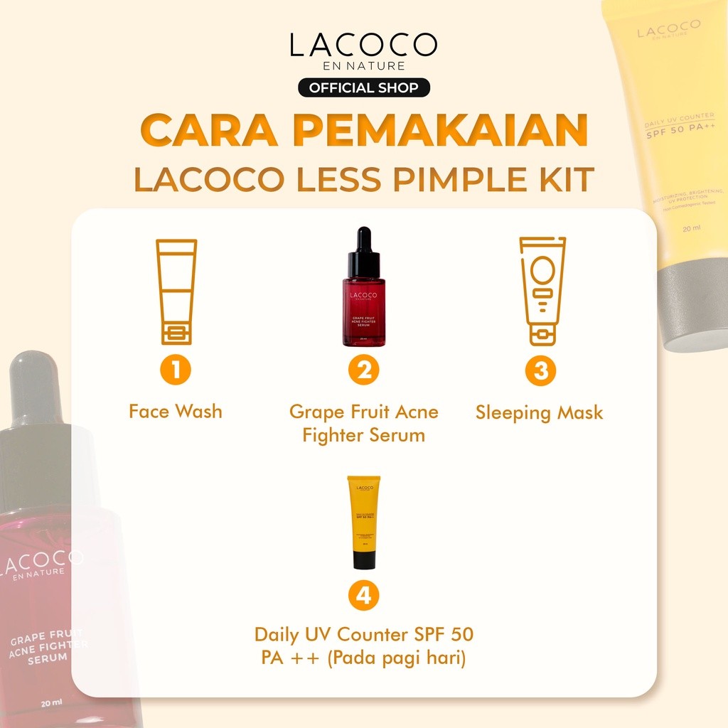 Lacoco Official Shop - Less Pimple Kit (Grape Fruit Acne Fighter Serum  NORMAL + Daily UV Counter SPF 50 PA++) - Set untuk Merawat Kulit Berjerawat/Acne