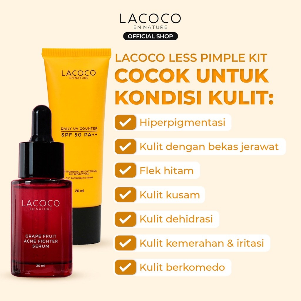 Lacoco Official Shop - Less Pimple Kit (Grape Fruit Acne Fighter Serum  NORMAL + Daily UV Counter SPF 50 PA++) - Set untuk Merawat Kulit Berjerawat/Acne