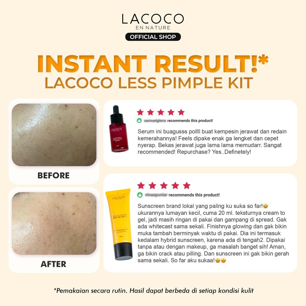 Lacoco Official Shop - Less Pimple Kit (Grape Fruit Acne Fighter Serum  NORMAL + Daily UV Counter SPF 50 PA++) - Set untuk Merawat Kulit Berjerawat/Acne