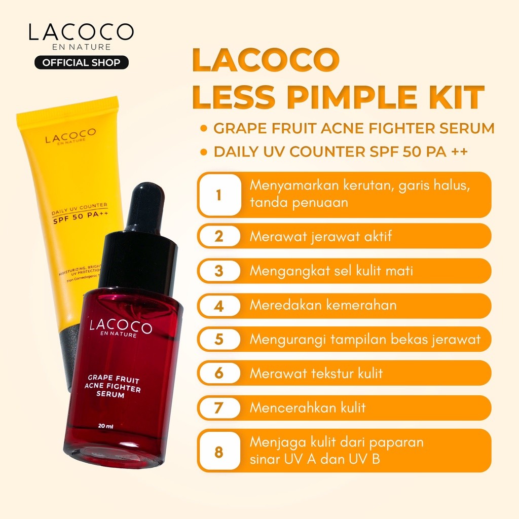 Lacoco Official Shop - Less Pimple Kit (Grape Fruit Acne Fighter Serum  NORMAL + Daily UV Counter SPF 50 PA++) - Set untuk Merawat Kulit Berjerawat/Acne