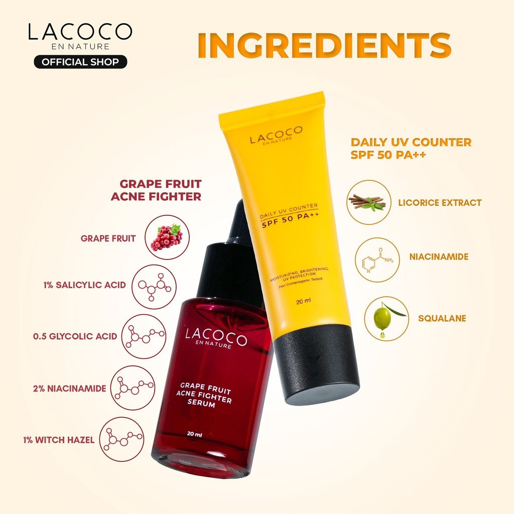 Lacoco Official Shop - Less Pimple Kit (Grape Fruit Acne Fighter Serum  NORMAL + Daily UV Counter SPF 50 PA++) - Set untuk Merawat Kulit Berjerawat/Acne
