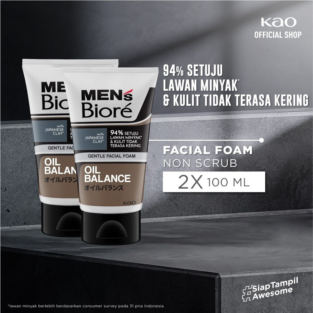 Men's Biore Non Scrub Sabun Muka Pria Untuk Kulit Berminyak Oil Balance Japanese Clay 100 gr Twin Pack - Facial Wash