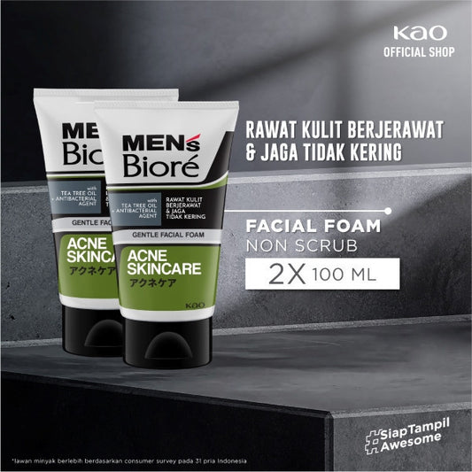 Men's Biore Non Scrub Sabun Muka Pria Untuk Kulit Berjerawat Acne Skincare Tea Tree Oil 100 gr - Facial Wash Twin Pack