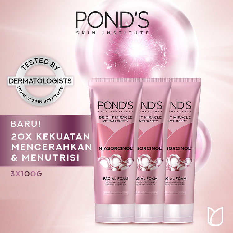 Ponds Bright Miracle Ultimate Clarity Facial Foam 100g x3- Sabun cuci muka dengan 20x Kekuatan Mencerahkan & Menutrisi