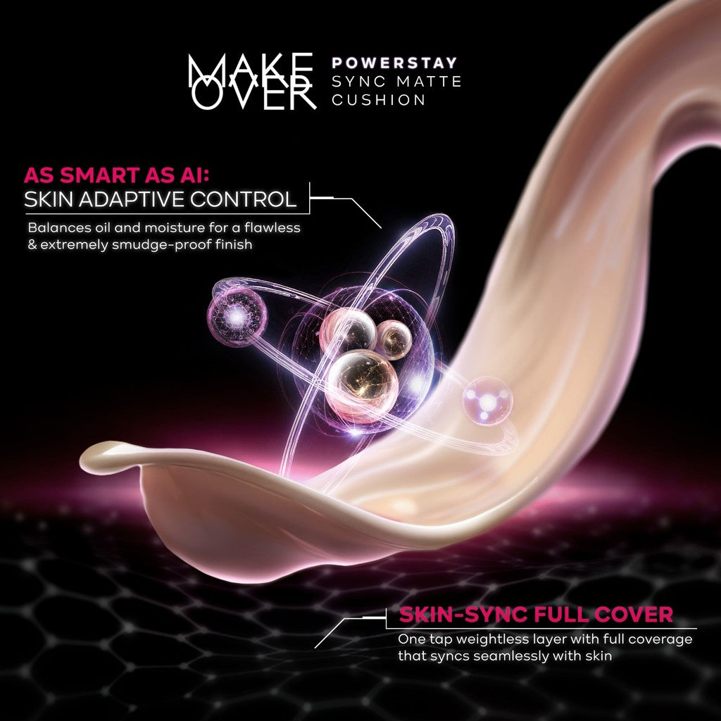 NEW! MAKE OVER Powerstay Sync Matte Cushion - Smart AI Matte Cushion High Coverage Zero Oxidation Oil Control Foundation Compact Makeup Concealer