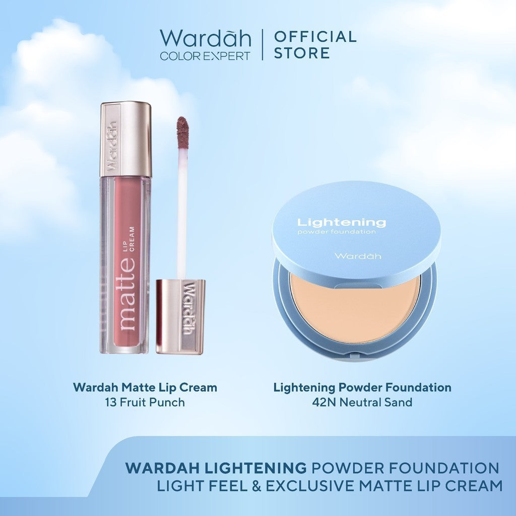 [BUNDLE] WARDAH Paket Exclusive Two Way Cake Lightening Powder Foundation Light Feel Flawless 12 g x Exclusive Matte Lip Cream 4g Basic Make Up - Makeup - Cocok Dipakai dengan Cushion