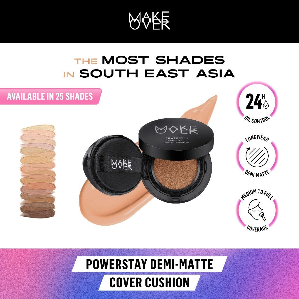 [TINTINTINWIN'S PICKS] MAKE OVER Powerstay Demi-Matte Cover Cushion - Cushion Matte High Coverage Foundation Compact Ringan Oil Control Make Up Wajah Tahan Lama 24 Jam Non-Comedogenic BEST SELLER Concealer Make Up
