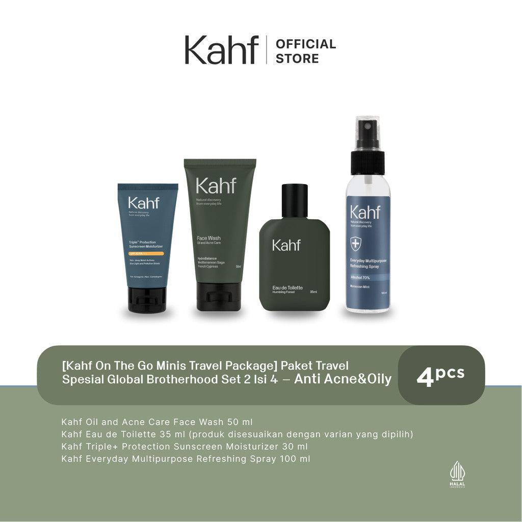 [Kahf On The Go Minis Travel Package] Paket Travel Spesial Global Brotherhood Set 2 Isi 4 (Face Wash 50 ml, EDT, Sunscreen, Multipurpose Spray