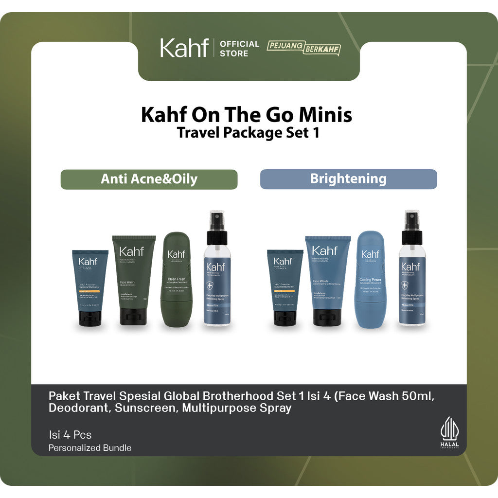 [Kahf On The Go Minis Travel Package] Paket Travel Spesial Global Brotherhood Set 1 Isi 4 (Face Wash 50 ml, Deodorant, Sunscreen, Multipurpose Spray