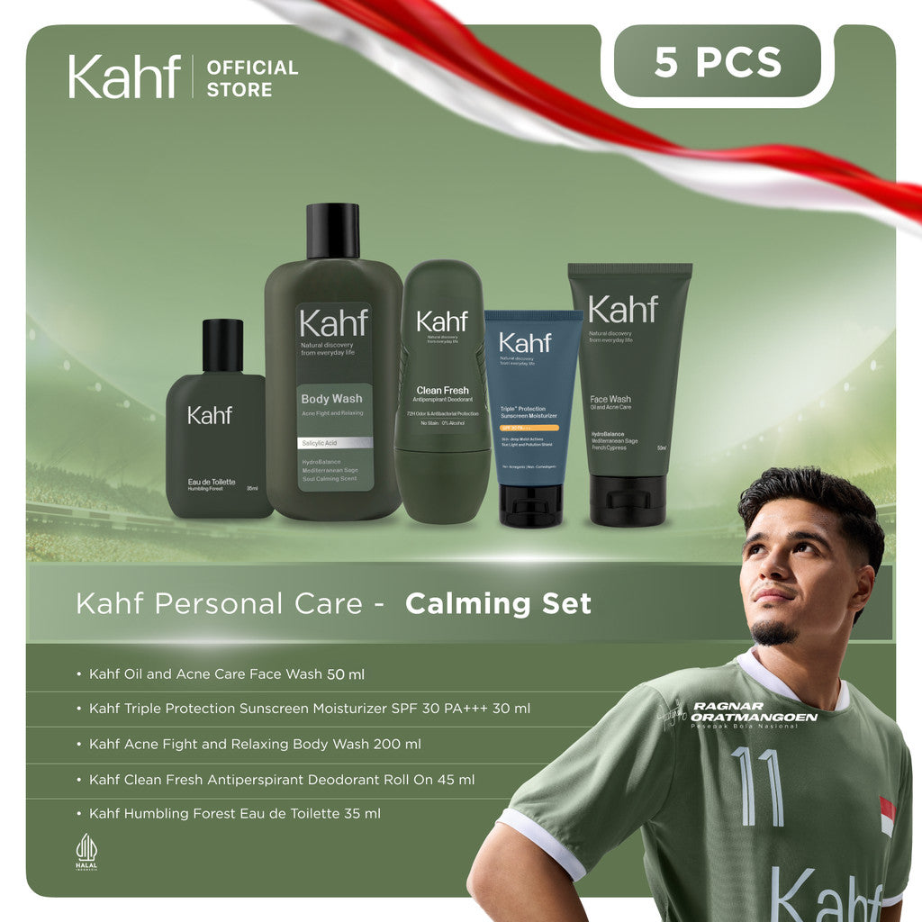[CREATOR'S PICK - KAHF BUNDLE 5IN1 PAKET PERAWATAN DAILY USE ESSENTIALS : WAJAH GLOWING, BADAN BERSIH, BEBAS KERINGAT, & WANGI SEHARIAN] Paket Personal Care (Face Wash + Sunscreen + Body Wash + Deodorant + Eau de Toilette) - Suitable for Daily Use